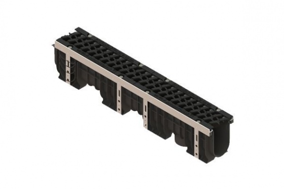 Лоток водоотводный PolyMax Drive DN100 h216 пластиковый с решеткой щелевой чугунной ВЧ кл.Е (комплект)