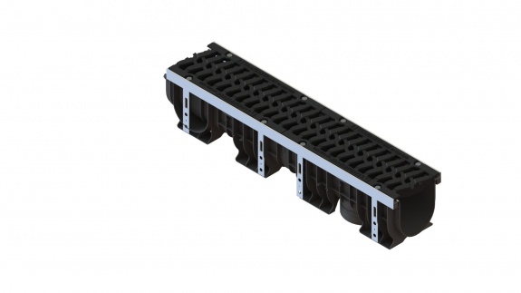 Лоток водоотводный пластиковый PolyMax Drive DN150 h216 с решеткой чугунной «шина» ВЧ кл.Е600 (к-т)