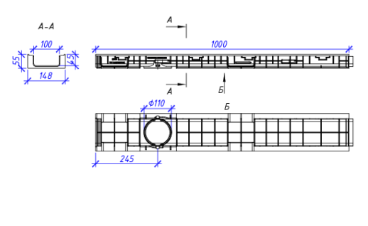 Лоток водоотводный пластиковый NORMA DN100 H55 класс нагрузки С250 1000х148х55 (11005)